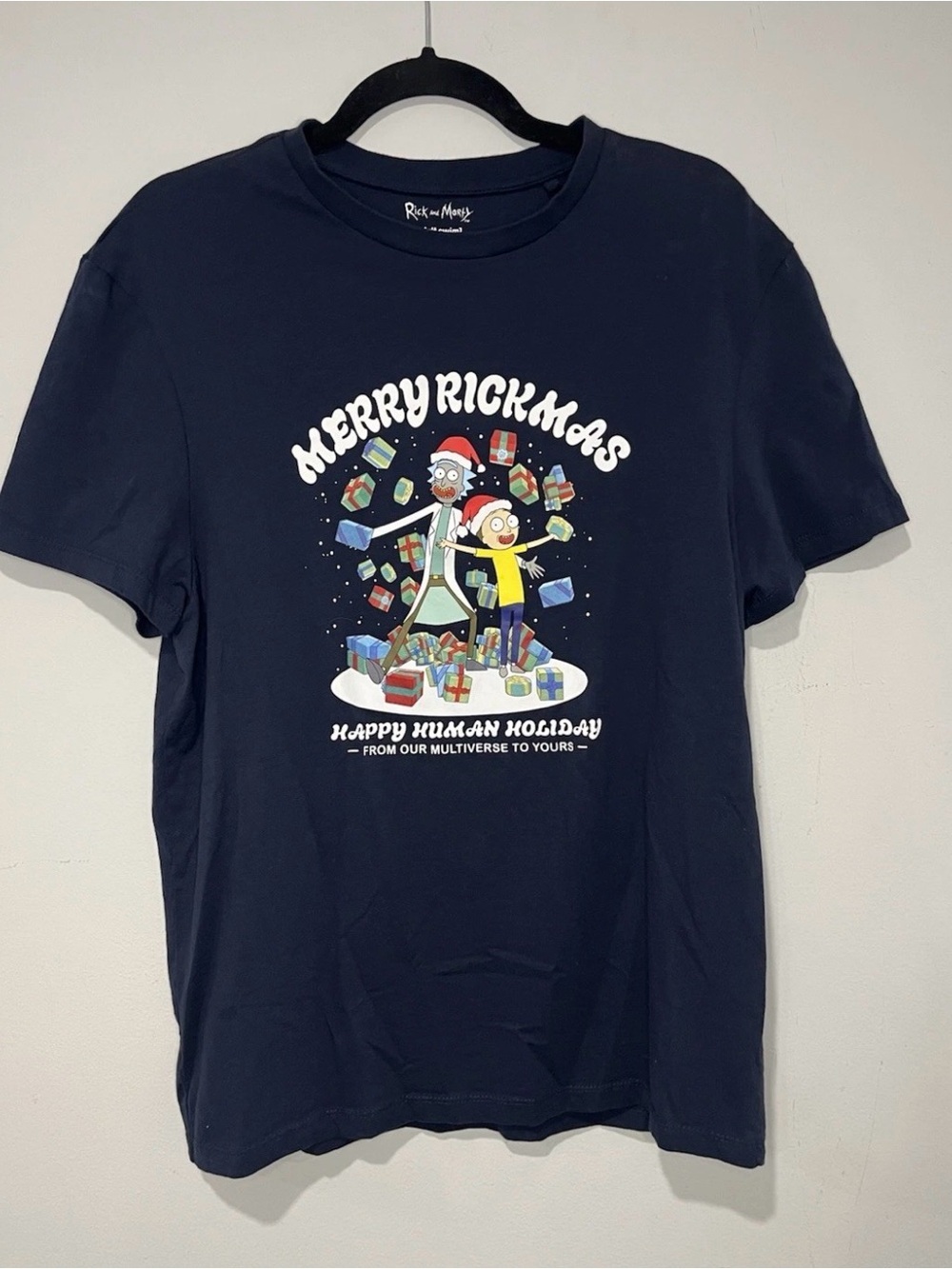 Rick and Morty Men's Navy 'Merry Rickmas' Graphic Tee Size L